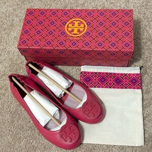 NEW Tory Burch Minnie Travel Ballet With Logo Dark Peony (RARE COLOR!!) Pink